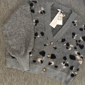 THML Anthropologie Fuzzy Leopard Gray Cardigan Balloon Sleeve Women’s Large New